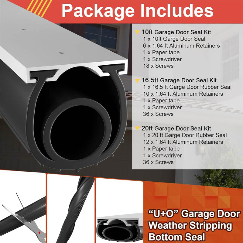 BowLift | Weather Stripping U+O Ring Universal Garage Door Bottom Weather Stripping with Aluminum Track Retainer Kit