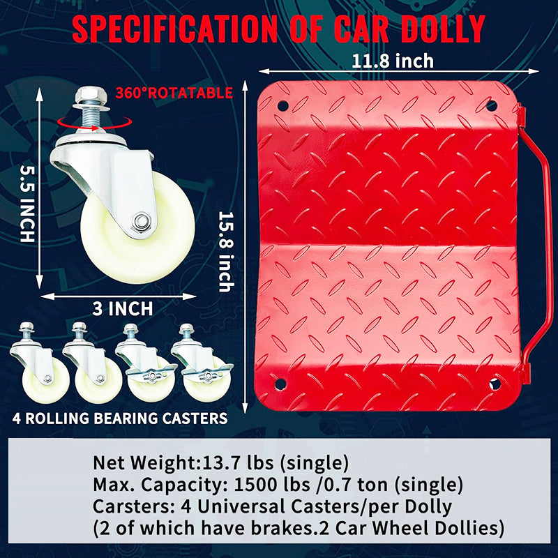 BowLift | 16" x 13" Heavy Duty Wheel Dolly Car Stakes Steel 6000 Lbs Capacity Auto Vehicle Moving Dolly Set of 4 Car Dolly for Vehicle Storage Furniture Mover Trailer