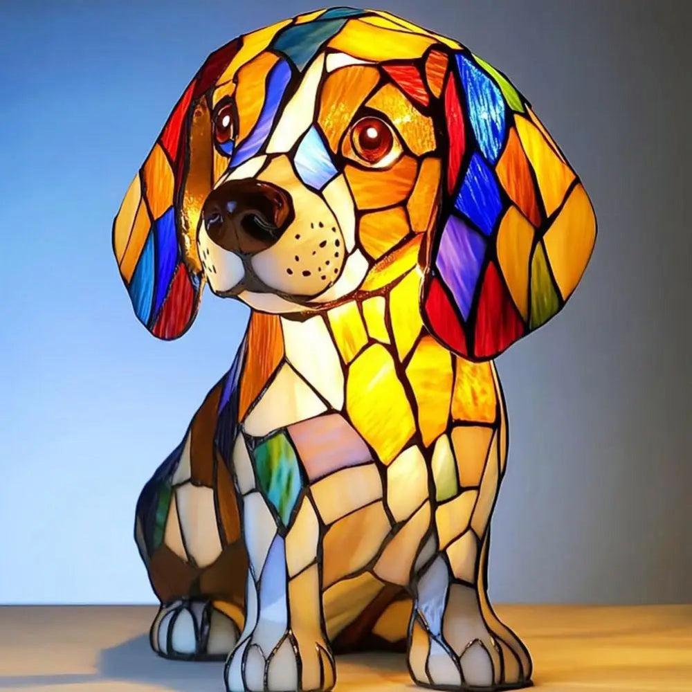 BowLift | Stained Glass Dog Shaped Night Lamp with Color Changing LED – Decorative Table Lamp for Bedroom and Living Room
