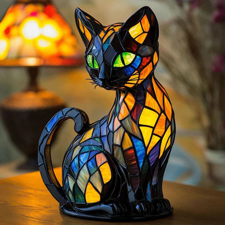 BowLift | Stained glass cat-shaped table lamp with LED lighting – 30-36 cm