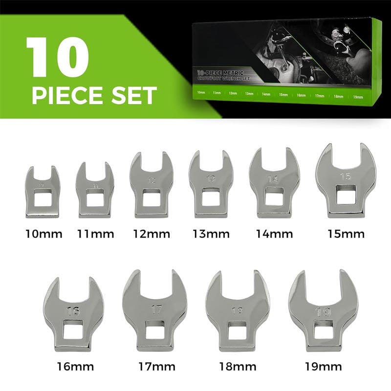 BowLift | 10-Piece 3/8" Crowfoot Wrench Set Size Covers 10-19mm CR-V Steel with Zipper Bag Open End Wrench Set
