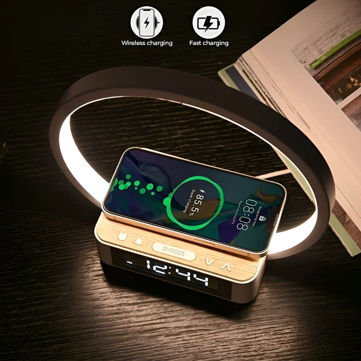 BowLift | GlowMax 3-in-1 LED Table Lamp – Wireless Charger, Alarm Clock & Touch Control