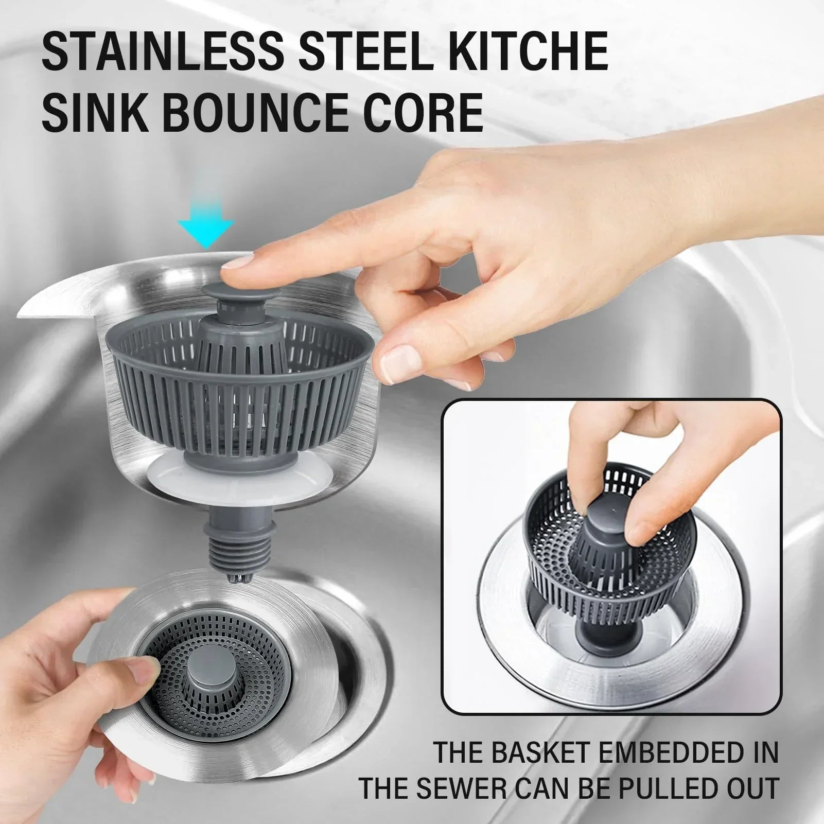 BowLift | Drain Strainer & Stopper | 304 Stainless Steel + ABS | Anti-Clog Basket | Fits Standard Kitchen Sinks