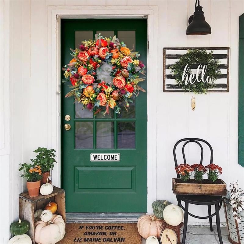 BowLift | Autumn Door Wreath | Rustic Peony & Pumpkin Design | Handcrafted Fall Decoration