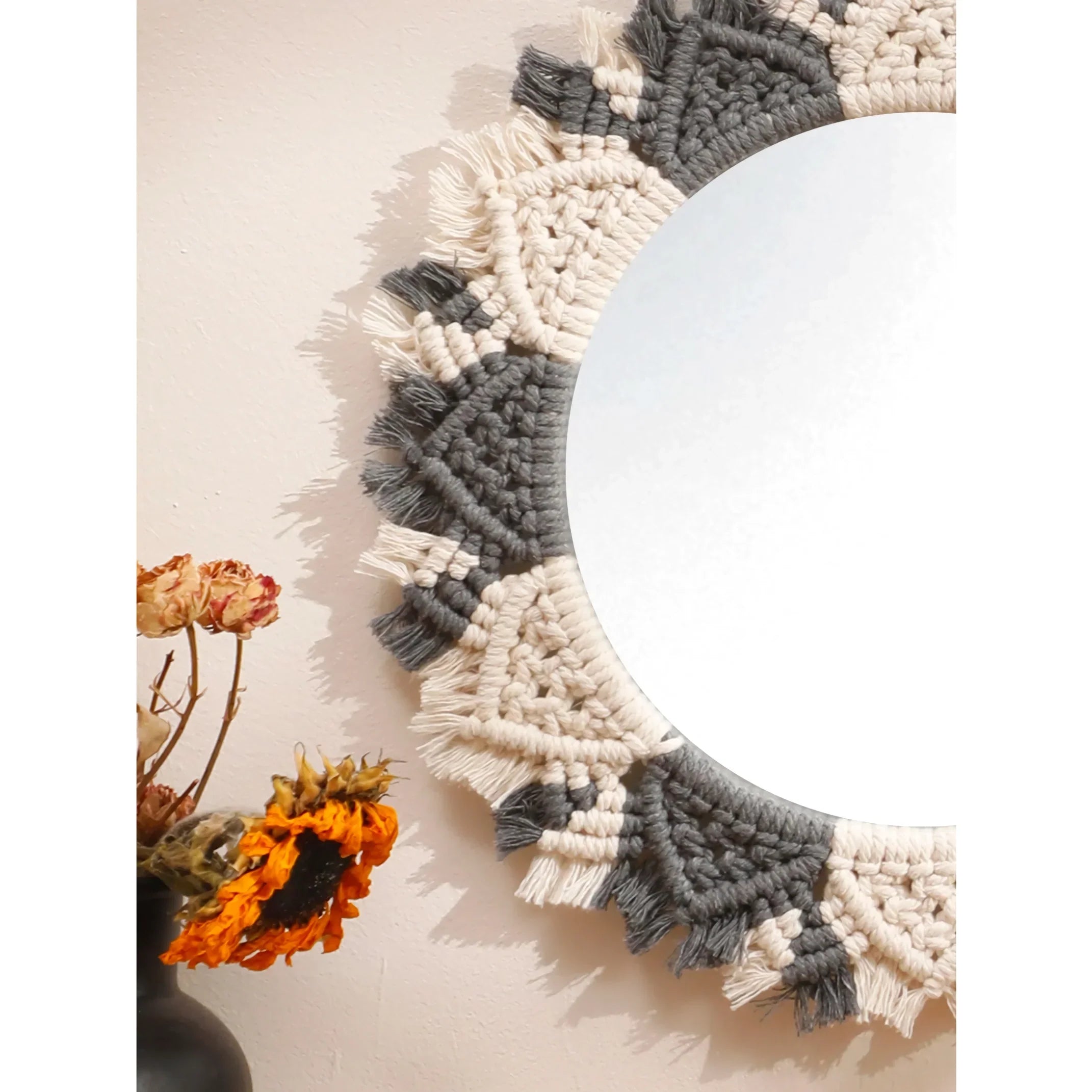 BowLift | Boho Macrame Decorative Mirror - Black and Gray Round Wall Decor