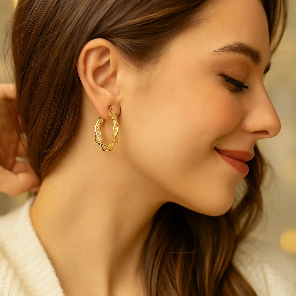 BowLift | Elegant Gold Colored Twisted Hoop Earrings with Mesh Pattern