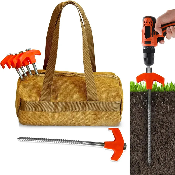 BowLift | Tent Stakes with Drill Tip | Heavy-Duty Steel Screw-In Pegs | 16-Pack Camping Anchors 8"