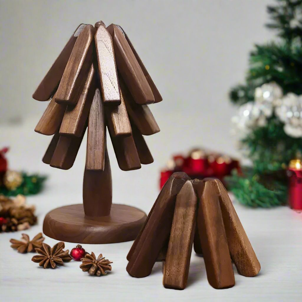 BowLift | Black Walnut Foldable Christmas Tree Wooden Coasters – Creative Heat-Resistant Pot Mats & Kitchen Décor Accessories