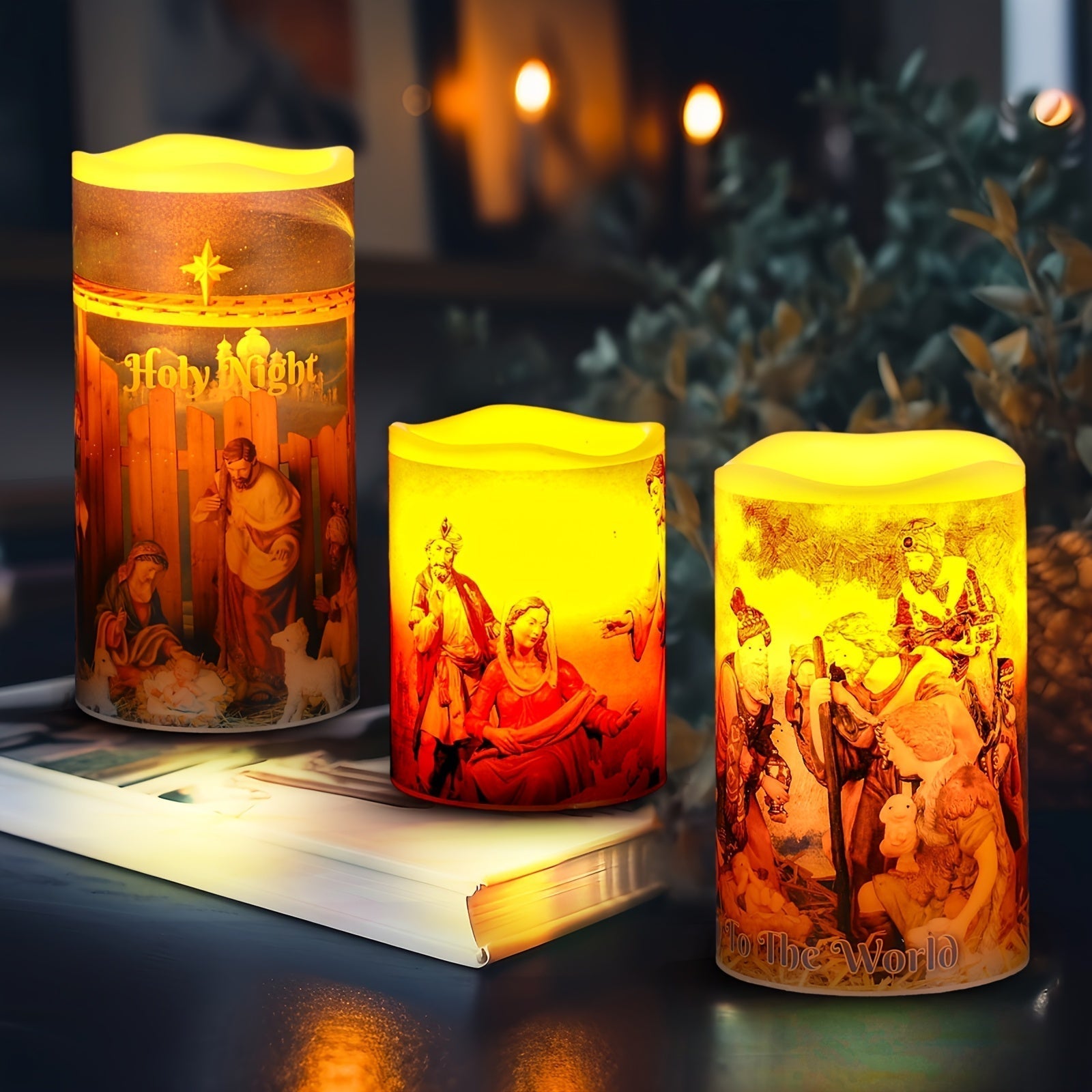 BowLift | Flameless LED Christmas Candles – 3pcs Battery-Powered Holy Night Lights Candle with Timer Featuring Nativity Scene for Warm Holiday Home Ambience