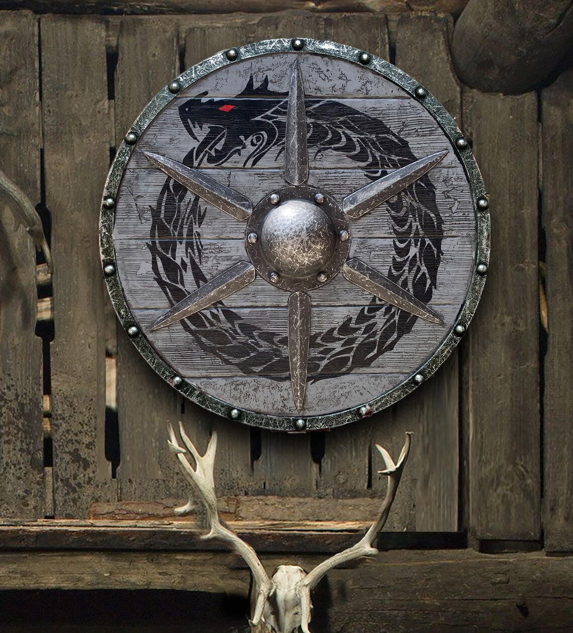 BowLift | Eivor Valhalla Raven Battle Damaged Viking Wooden Shield 30CM