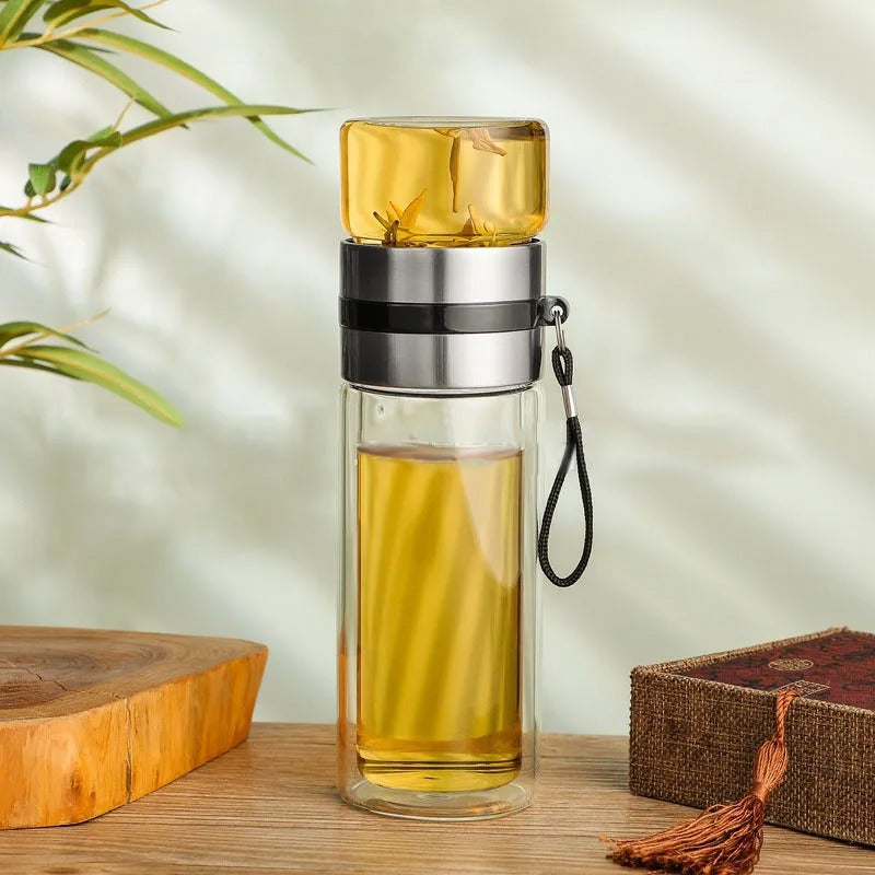 BowLift | Thermos Bottle with Tea Filter – Glass & Wood – Double-Walled – 500 ml – ClearTherm