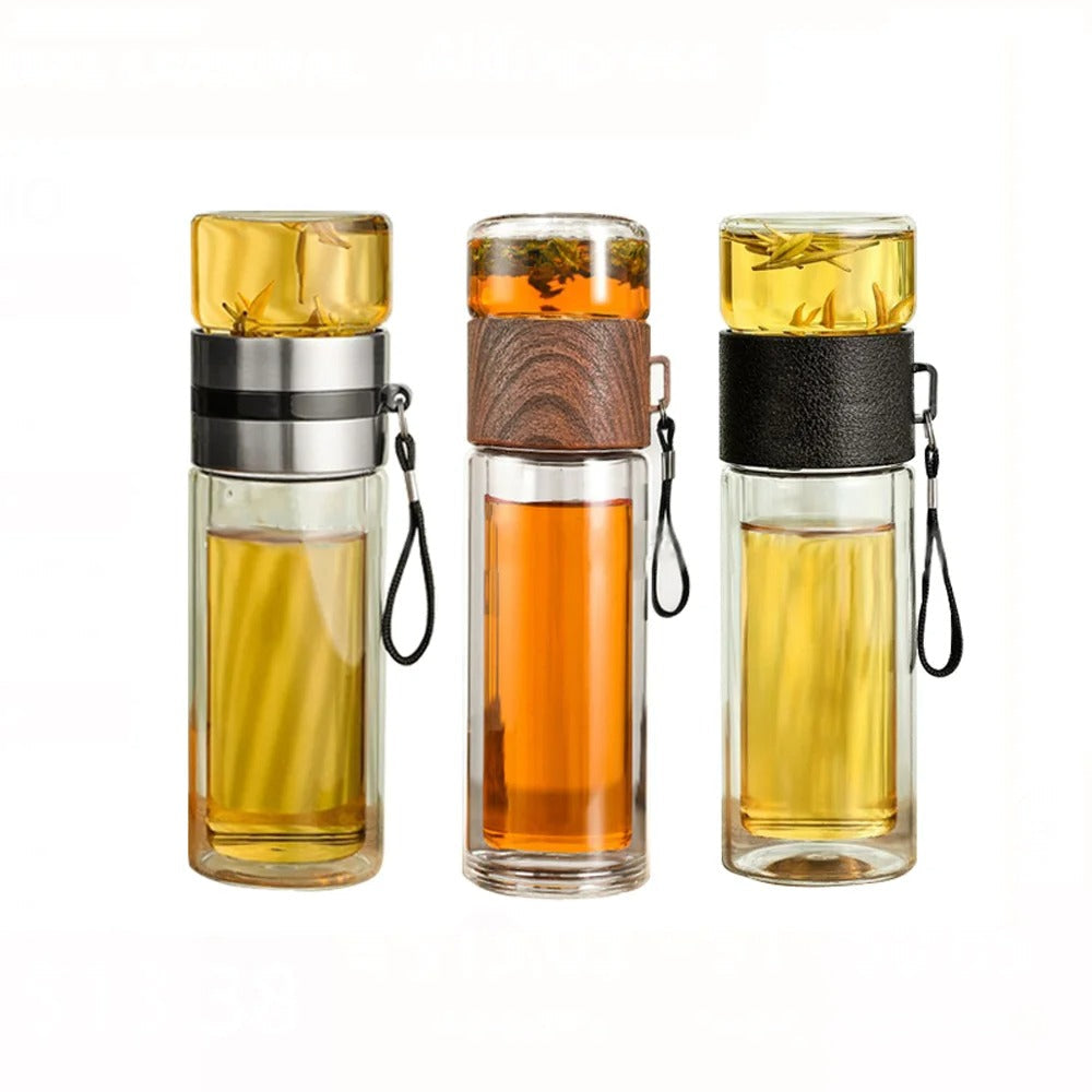 BowLift | Thermos Bottle with Tea Filter – Glass & Wood – Double-Walled – 500 ml – ClearTherm