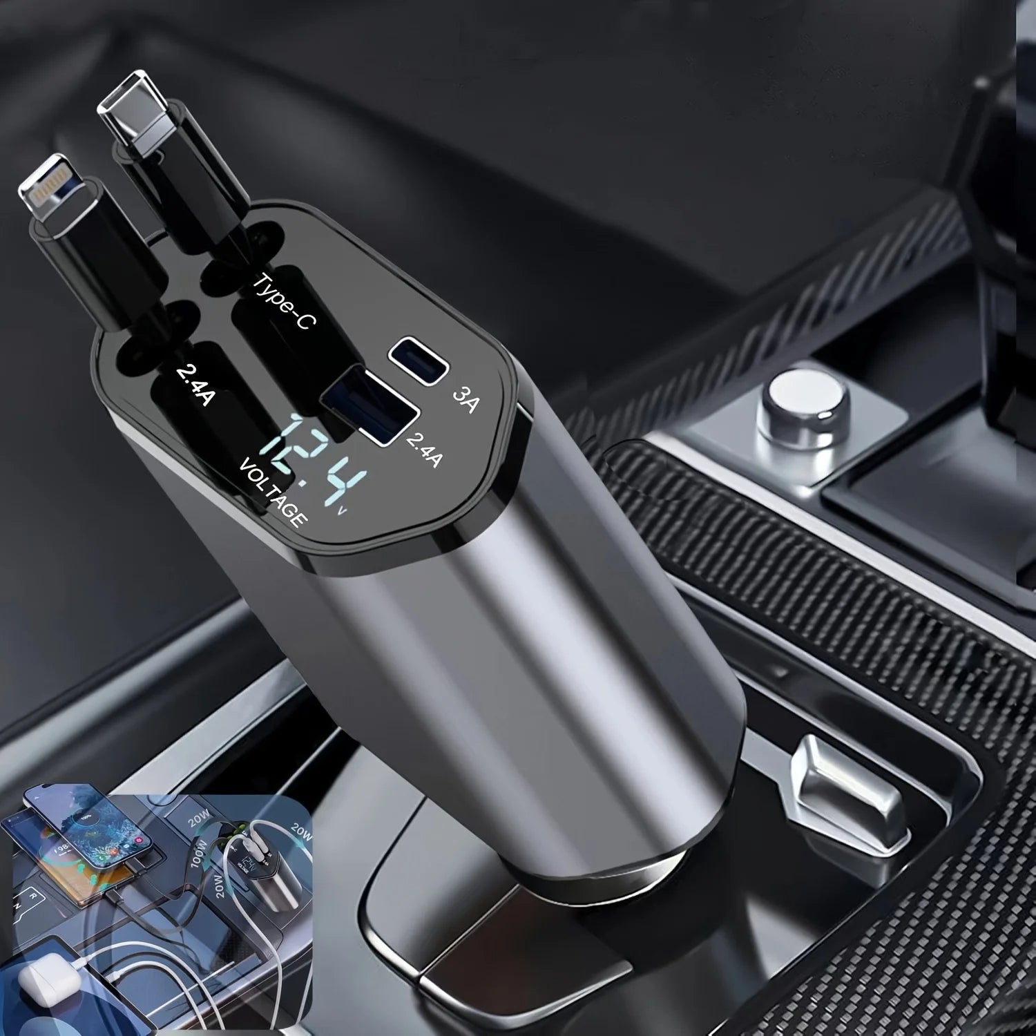 BowLift | Foldable Car Charger with USB-C and USB-A – 120W Fast Charging