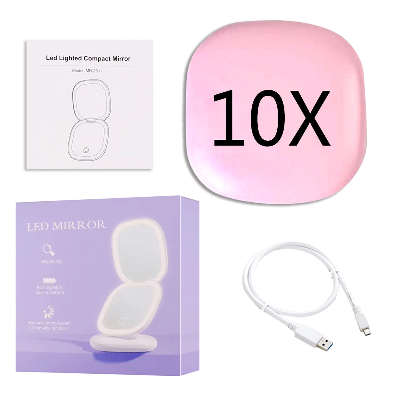 BowLift | Mini LED 10x Magnification Cosmetic Mirror with Various Light Settings, USB Rechargeable