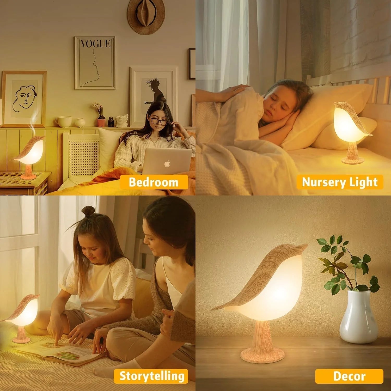 BowLift | Touch-Control Wooden Bird Night Light - Rechargeable LED Bedside Lamp