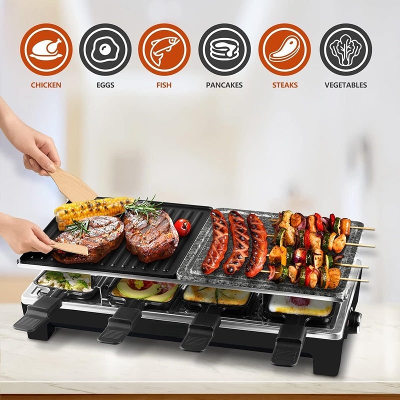 BowLift | Electric Grill with Reversible Non-Stick Plate and Raclette Trays for Indoor Cooking