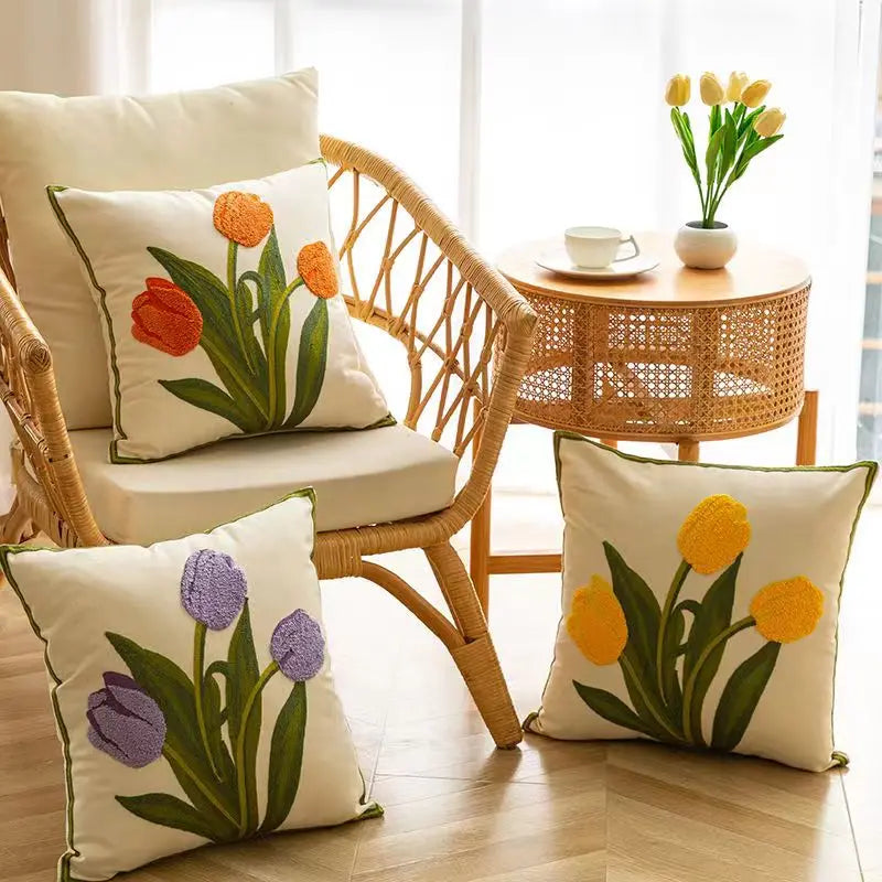 BowLift | Floral Embroidered Tulip & Orchid Cushion Cover