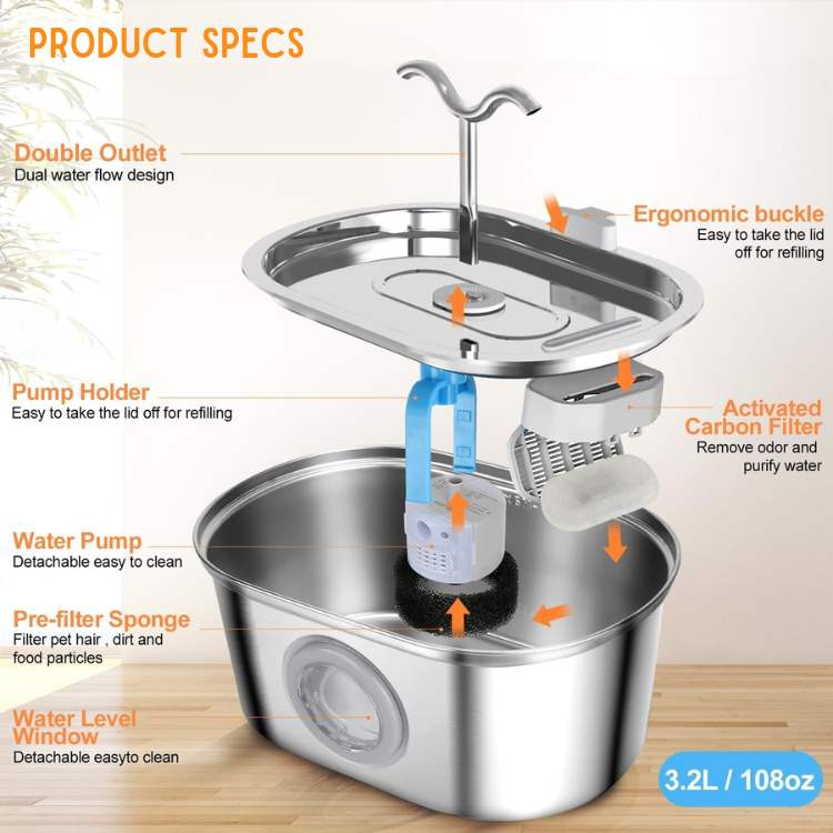 BowLift | Cat Water Fountain made of Stainless Steel – Quiet, Hygienic and BPA-free – 2L Capacity