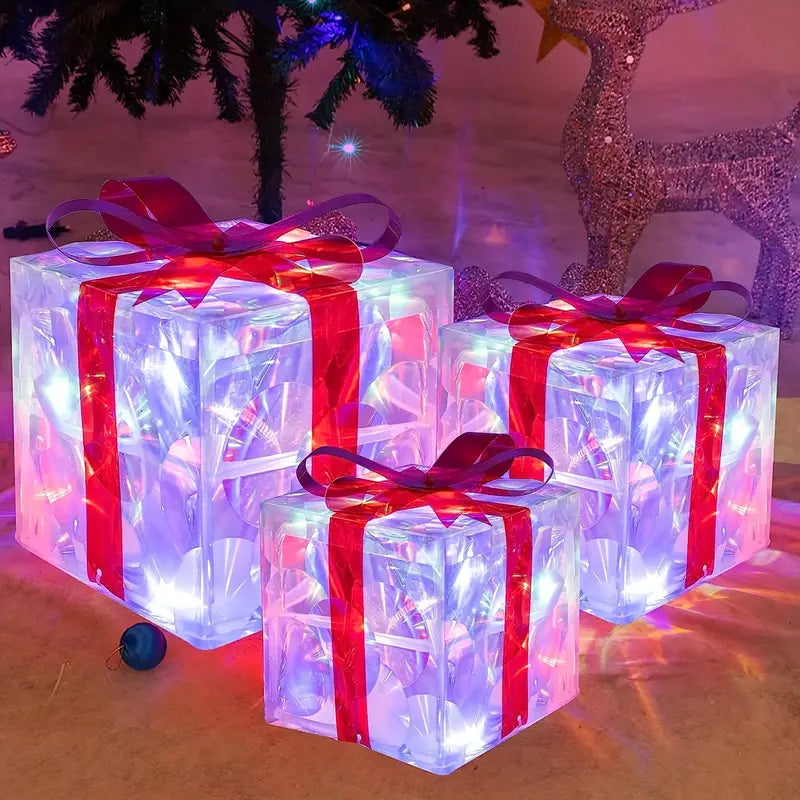 BowLift | GlowBox LED Gift Boxes – Set of 3 Illuminated Christmas Gifts for Indoor and Outdoor