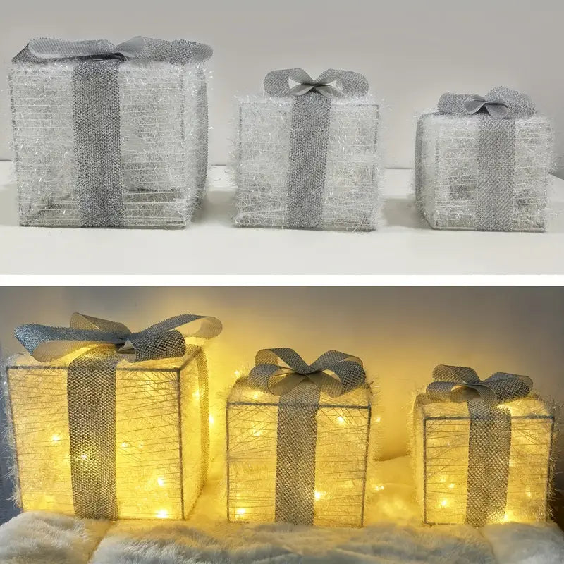 BowLift | GlowBox LED Gift Boxes – Set of 3 Illuminated Christmas Gifts for Indoor and Outdoor