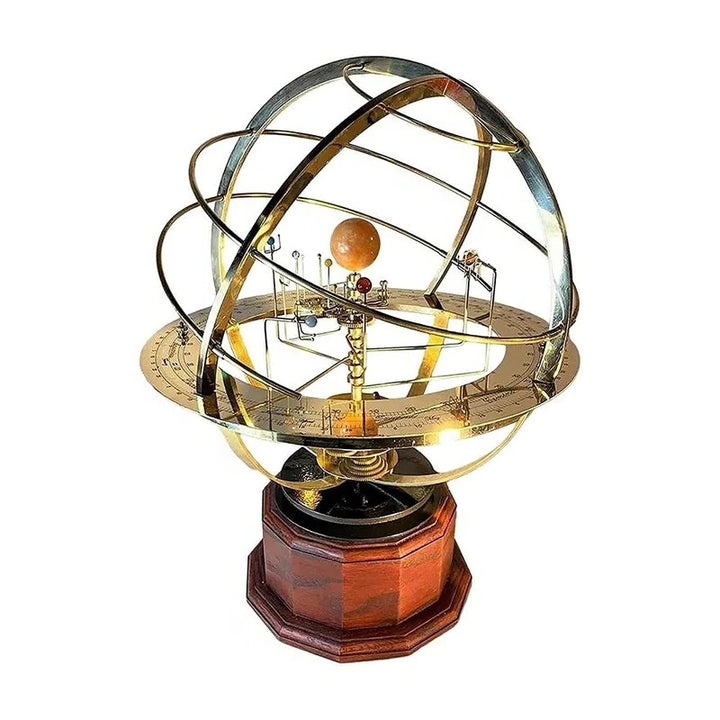 BowLift | Grand Orrery Model of the Solar System – Handcrafted Brass Planetary Model with Oak Base and 5 Moons