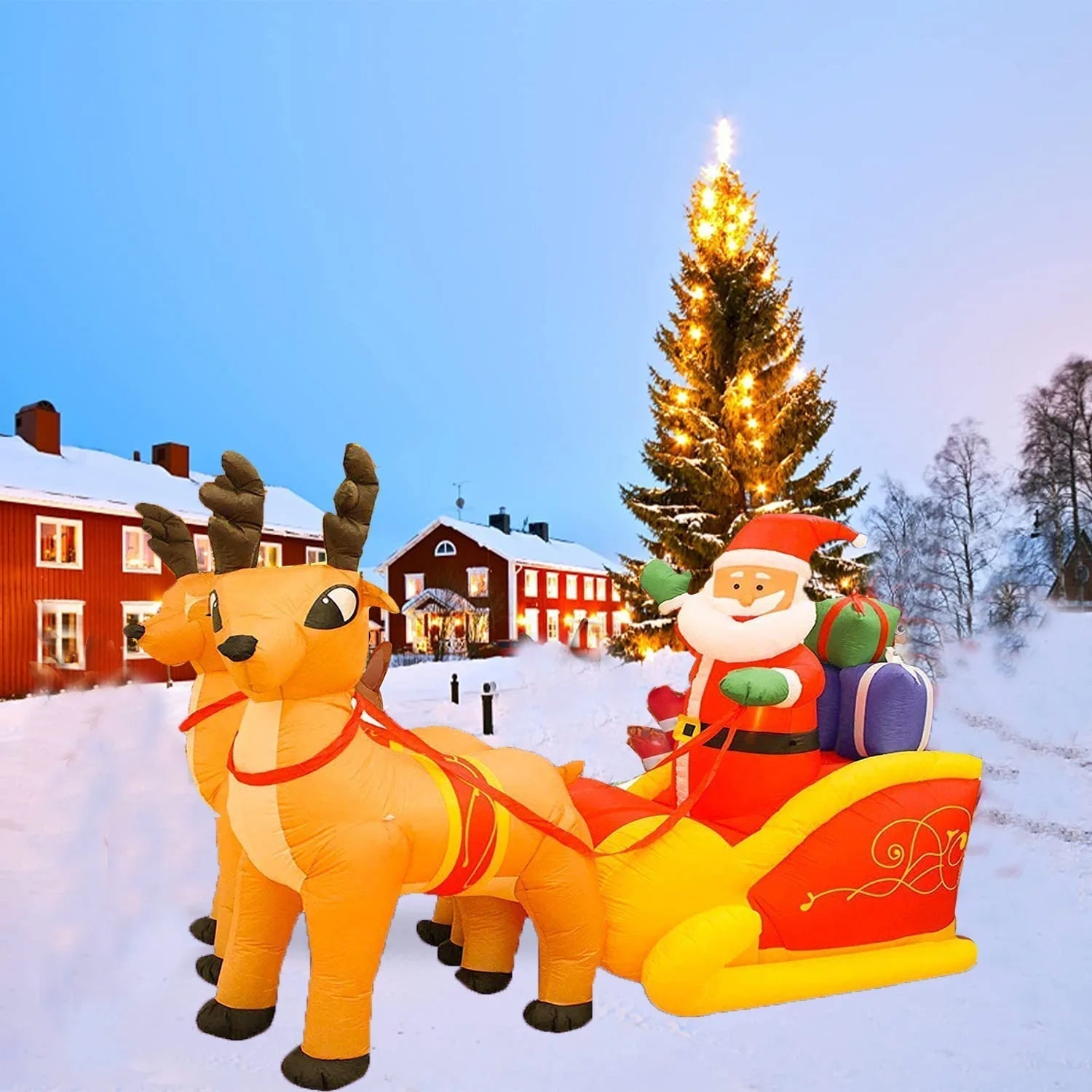BowLift | Inflatable Santa Claus Christmas Decor -  Inflatable Santa on Sleigh with Reindeer Holiday Decoration
