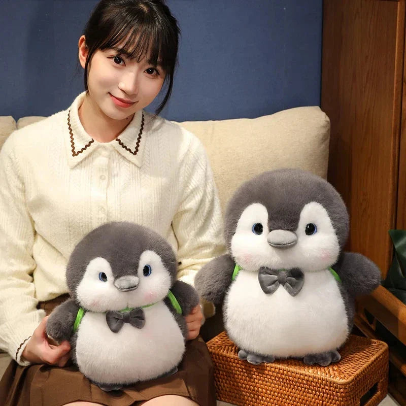 BowLift | Fluffy Gray Penguin Plushie with Turtle Backpack