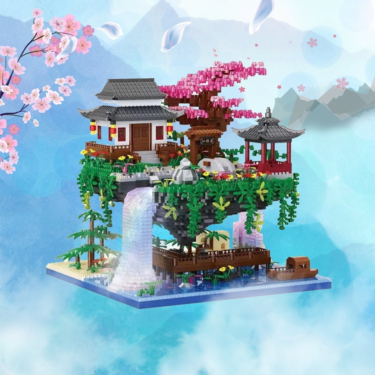 BowLift | Waterfall Japanese House Sakura Tree Floating Island Nano Building Blocks | Limited Stock