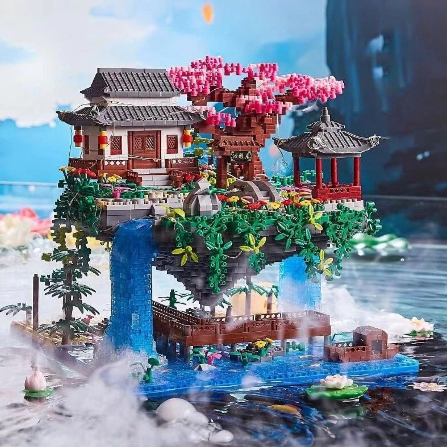 BowLift | Waterfall Japanese House Sakura Tree Floating Island Nano Building Blocks | Limited Stock