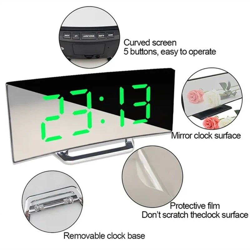 BowLift | LED Digital Alarm Clock – Curved Mirror Display, Table Clock with Snooze Function, Electronic Table Display, Bedroom and Living Room Decor