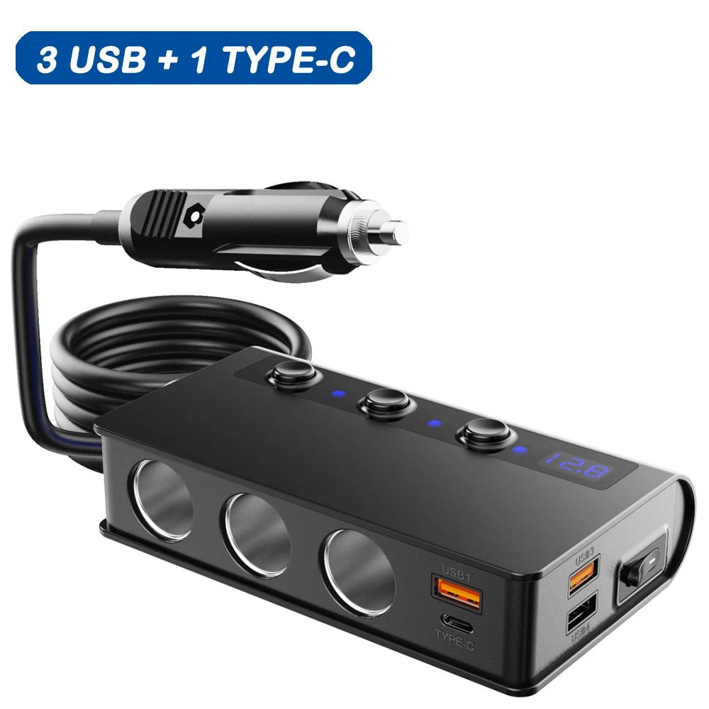 BowLift | 4-Port Car Fast Charger Adapter - Cigarette Lighter Sockets & USB Ports