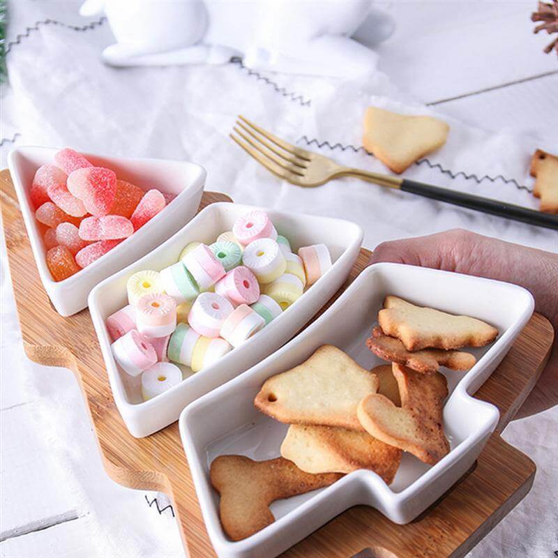 BowLift | Christmas Tree Ceramic Plates With Bamboo Base Stand