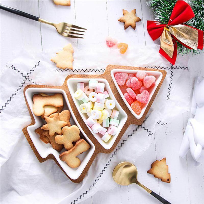 BowLift | Christmas Tree Ceramic Plates With Bamboo Base Stand