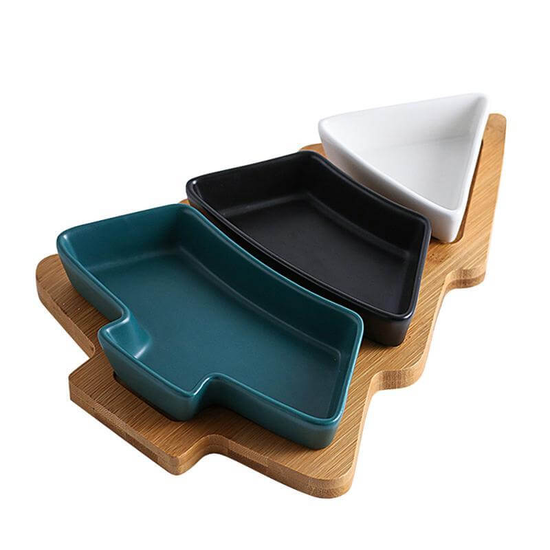 BowLift | Christmas Tree Ceramic Plates With Bamboo Base Stand