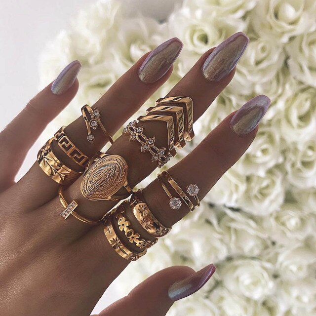 BowLift | Fashion Crystal Gold color  Geometric Knuckle Rings set