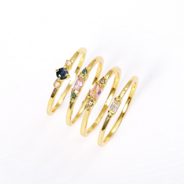 BowLift | Geometric Gold Color Combination Round Zircon Crystal Rings Set