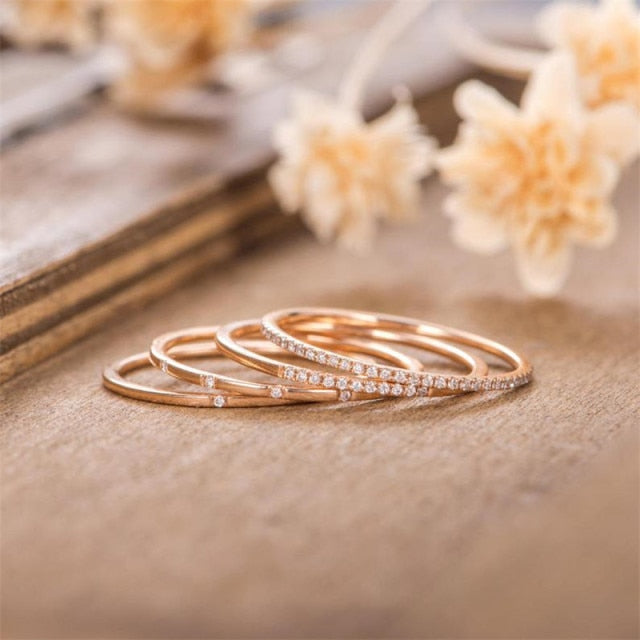 BowLift | Geometric Gold Color Combination Round Zircon Crystal Rings Set