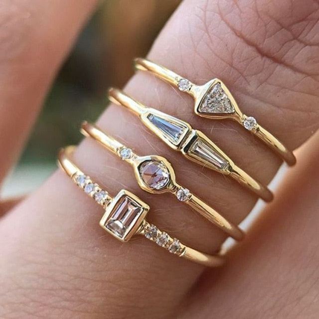 BowLift | Geometric Gold Color Combination Round Zircon Crystal Rings Set