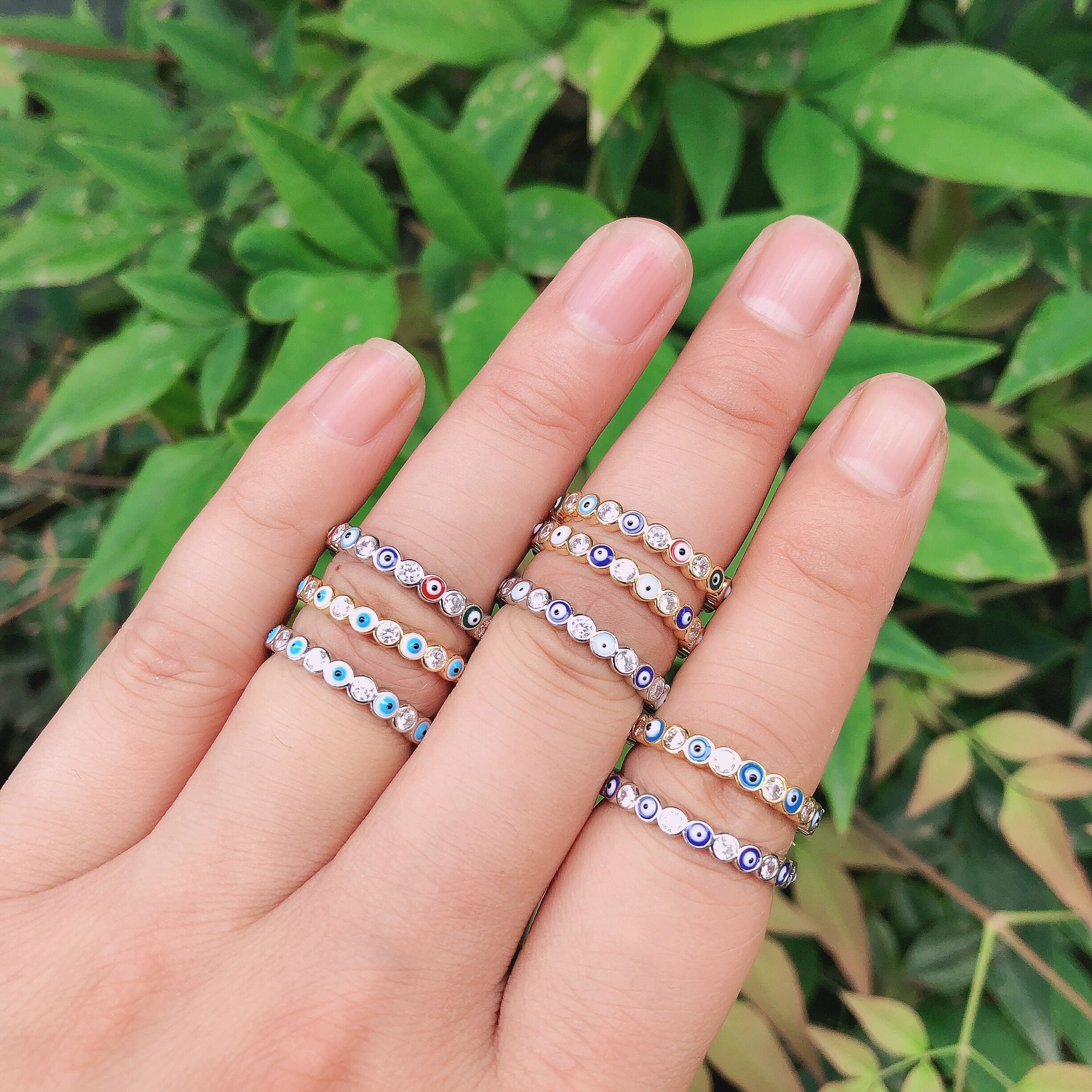 BowLift | Bohemian Rainbow Evil Eye Rhinestone Filled Gold Rings