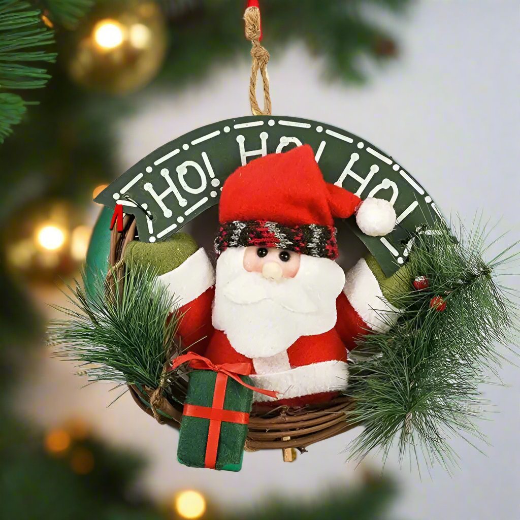 BowLift | Rustic Christmas Wooden & Rattan Wreath with Santa, Snowman, and Elk Dolls – Enchanting Holiday Charm Perfect Festive Door Ornaments