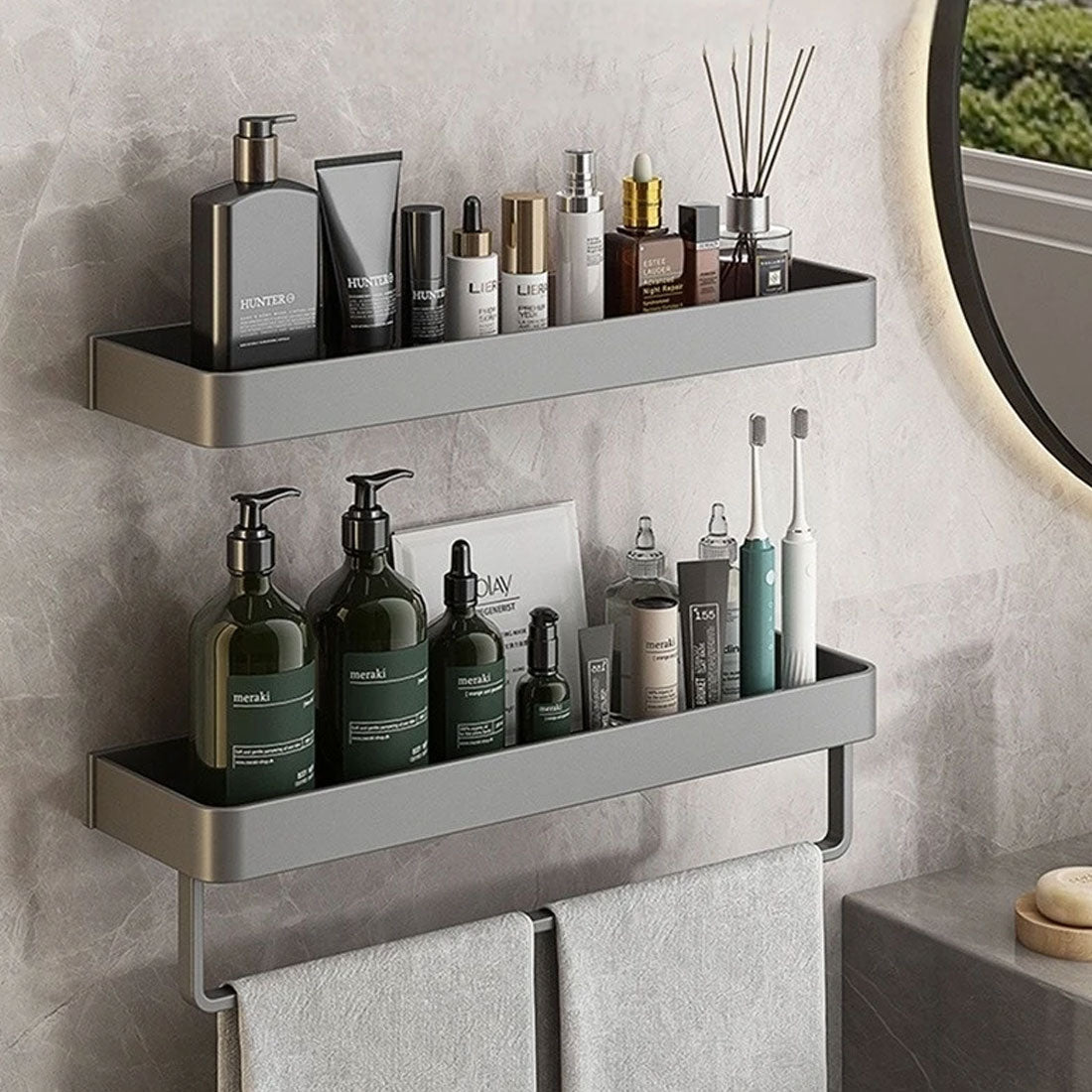 BowLift | Contemporary, elegant bathroom shelves in gray